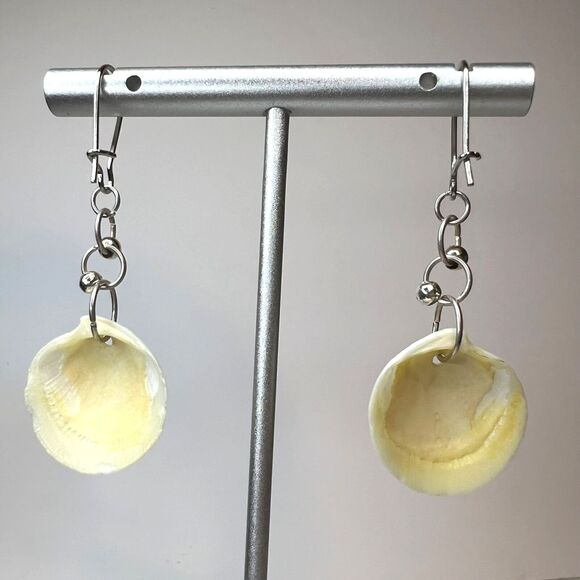 Dangle Earring Genuine Handcrafted Seashell Yellow Orange Hue Beach Coastal - Picture 7 of 8